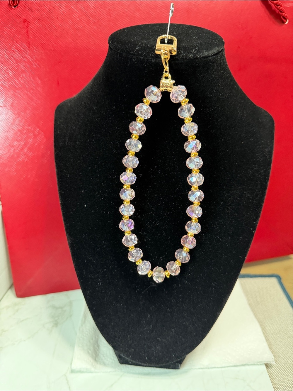 Gold Crystal Bead Phone Strap - Iridescent Pink
